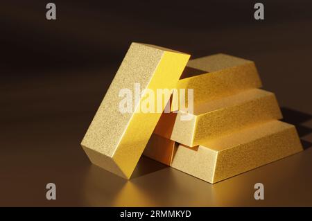 Illustration 3D, pile de barres d'or brillantes sur fond jaune. Banque D'Images