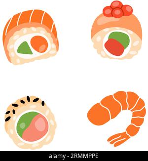 Collection d'aliments à sushi. Cuisine japonaise, aliments traditionnels. Rouleau de thon Tekkamaki, rouleau de sushi philadelphie, futomaki, crevettes fraîches. Illustration de Vecteur