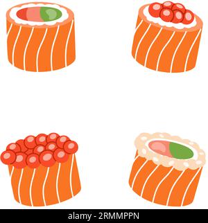 Rouleaux de sushi aux fruits de mer. Cuisine japonaise, aliments traditionnels. Philadelphia roll, ikura sushi, tobiko maki. Illustration vectorielle. Illustration de Vecteur