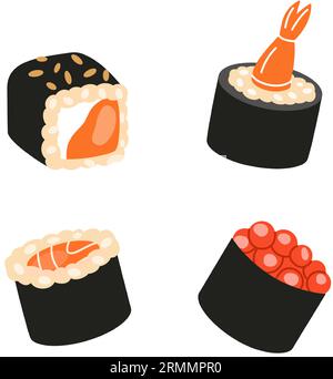 Collection d'aliments à sushi. Cuisine japonaise, aliments traditionnels. Rouleau de thon Tekkamaki, futomaki. Illustration vectorielle. Illustration de Vecteur