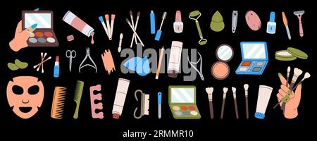 Ensemble de cosmétiques. Outils de maquillage du visage. Maquillage et outils de beauté. Mascara, rouge à lèvres, fards à paupières, pinceaux, correcteurs, brillant à lèvres, éponge. Illustration vectorielle Illustration de Vecteur