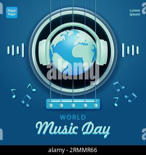 Journée mondiale de la musique. Terre miniature à l'aide d'écouteurs avec fond de guitare, vecteur 3D. Convient pour les événements musicaux Illustration de Vecteur