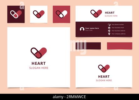 Logo coeur avec slogan modifiable. Livre de marque et modèle de carte de visite. Illustration de Vecteur