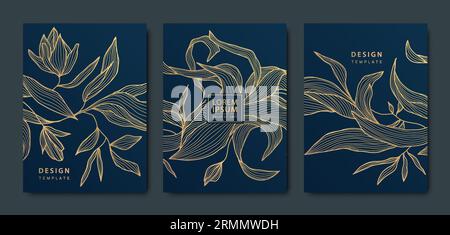 Vector japanese laisse des motifs art déco. Modèle à motif fleuri doré avec éléments de style vintage. Couvertures, prospectus, brochures et emballages de luxe de la gamme noire Illustration de Vecteur