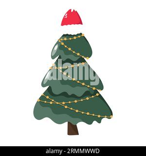 Arbre de Noël avec des lumières dans un chapeau de Père Noël. Illustration de Vecteur