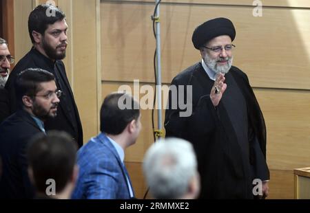 Téhéran, Iran. 29 août 2023. Le président iranien Ebrahim Raisi assiste à une conférence de presse à Téhéran, Iran, le 29 août 2023. Crédit : Shadati/Xinhua/Alamy Live News Banque D'Images