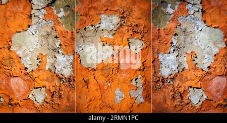 Collection d'images avec du plâtre orange pelant un vieux mur. Vieux mur de plâtre pelé sale avec des flocons de peinture tombant. Banque D'Images
