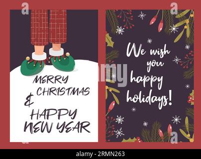 Cartes de Noël avec paire de jambes dans des chaussures d'elfe. Illustration de Vecteur