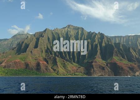 Les montagnes escarpées de la côte de Napali, situées sur l'île de Kauai, Hawaï, sont montrées depuis une vue sur l'océan Pacifique pendant la journée. Banque D'Images