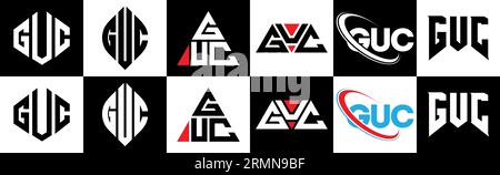 Conception de logo de lettre GUC dans le style six. GUC polygone, cercle, triangle, hexagone, plat et style simple avec le logo de la lettre de variation de couleur noir et blanc se Illustration de Vecteur
