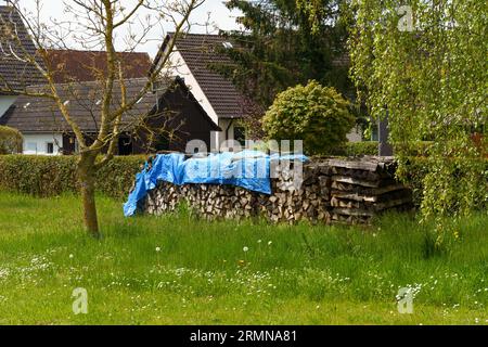 Bois de chauffage haché empilé dans la cour près de la maison. Banque D'Images