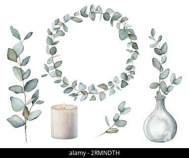 Set de bougies blanches pour Eucalyptus, bouquet dans un vase. Illustration de peinture à la main aquarelle sur fond blanc isolé. Clipart. Aromathérapie et Banque D'Images