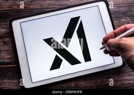 Vancouver, CANADA - août 8 2023 : logo de X.ai Corp. sur tablette sur table en bois. Main d'homme tenant un stylet sans fil Banque D'Images