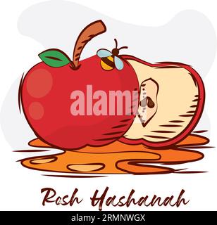 Esquisse isolée de pommes avec du miel et une abeille Rosh Hashanah Vector Illustration de Vecteur