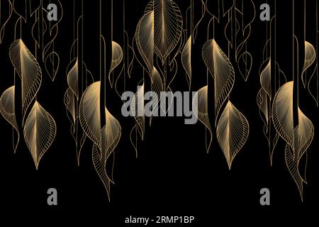 Motif tropical exotique sans couture avec feuilles de bananier vintage doré foncé, palmier et colocasia. Illustration 3D dessinée à la main. Bien adapté pour la productio Banque D'Images