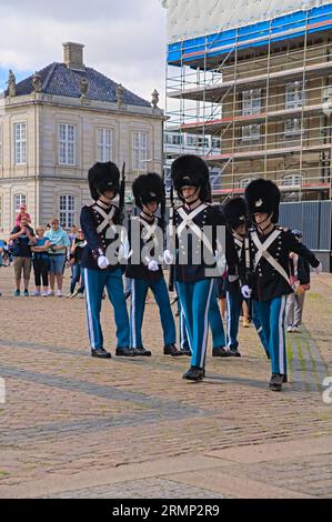 Unité des Royal Life Guards marchant en ligne et soulageant la garde sortante au poste. Relève de la garde au palais Amalienborg à Copenhague Banque D'Images