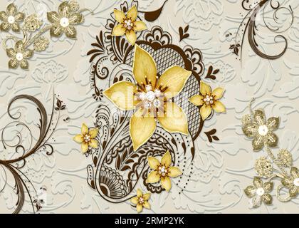 Vue 3D du papier peint 3D montrant des roses dorées et des branches ornées Banque D'Images