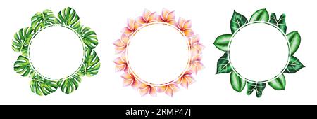 Ensemble aquarelle de cadres et logos avec des feuilles tropicales réalistes et frangipanier. Illustration de feuilles de monstera, caladium, alocasia ficus isolées sur Banque D'Images