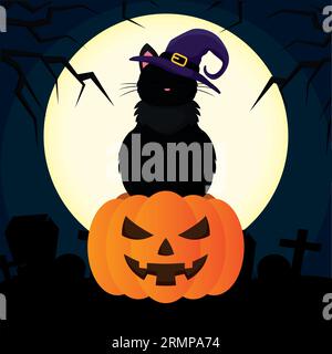 Chat noir avec chapeau de sorcière au coucher de la lune sur un vecteur de citrouille Halloween Illustration de Vecteur