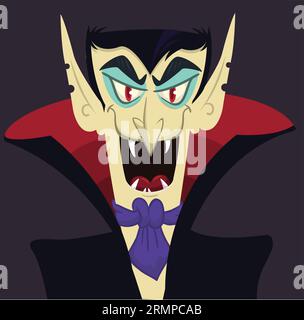 Bonne Halloween. Comptez Dracula portant des cape noires et rouges. Joli personnage de vampire de dessin animé avec grande bouche ouverte, langue, fangs. Conception plate. Vecteur malade Illustration de Vecteur