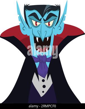Bonne Halloween. Comptez Dracula portant des cape noires et rouges. Joli personnage de vampire de dessin animé avec grande bouche ouverte, langue, fangs. Conception plate. Vecteur malade Illustration de Vecteur
