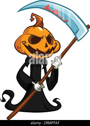 Personnage de dessin animé tête de citrouille faucheuse Grim avec Scythe. Halloween Jack o conception d'illustration de lanterne pour invitation de fête ou affiche. Épouvantail vectoriel Illustration de Vecteur