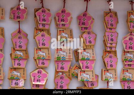 Japon, Kyushu. États-Unis Jingu Shinto Shrine. Plaques votives (EMA) à vendre pour envoyer des salutations et meilleurs voeux à vos amis et votre famille. Banque D'Images