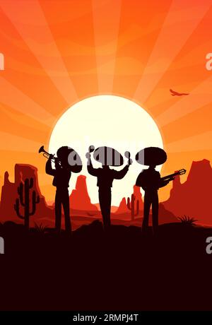 Mariachi musiciens mexicains silhouettes aux rayons du coucher du soleil dans le désert. Vector Cinco de mayo fête, trio d'hommes portent sombrero jouant maracas, gui Illustration de Vecteur