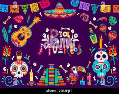 Bannière dia de los Muertos. Crânes de calavera Day of the Dead, bougies et drapeaux picado papel. Affiche du festival de la culture mexicaine, toile de fond vectorielle avec inca Illustration de Vecteur