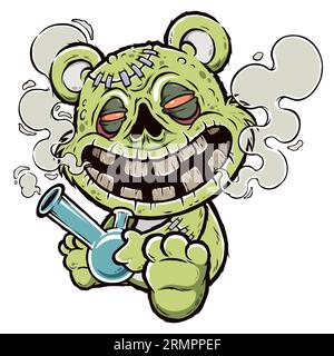 Illustration vectorielle de Cartoon Teddy Zombie personnages, Zombie Bear, Evil Bear fume une cigarette avec de la marijuana Banque D'Images