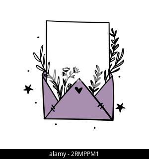Enveloppe avec papier vierge, message d'amour, icône dessinée à la main vintage, illustration vectorielle isolée sur fond blanc. Tatouage Boho avec des branches de plantes an Illustration de Vecteur