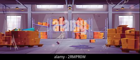 Salle d'entrepôt brisée et abandonnée avec inventaire de stockage endommagé, conteneurs en bois détruits et boîtes à colis en carton, ordures et désordonnés, toiles d'araignée et souris. Hangar de stockage fermé de vecteur de dessin animé. Illustration de Vecteur