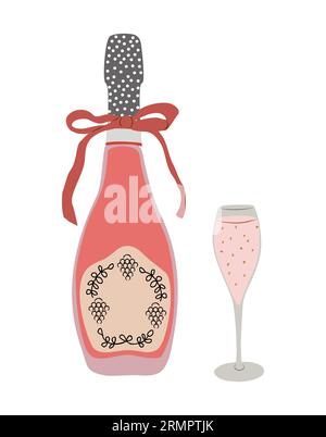 Bouteille rose champagne avec vecteur en verre isolé. Illustration de Vecteur