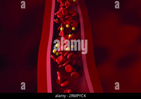 Taux normal de LDL (lipoprotéines) - taux de cholestérol et flux de gr dans le vaisseau sain - vue de face illustration 3D. Banque D'Images