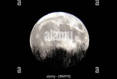 Photo du dossier datée du 31/10/20 d'une lune bleue se levant au-dessus du monument Penshaw à Sunderland. Une rare lune super bleue apparaîtra au-dessus du Royaume-Uni jeudi soir, traitant les stargazers à un phénomène qui ne se produira qu'une seule fois cette année. Banque D'Images