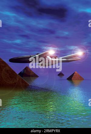 vaisseau spatial approchant des pyramides extraterrestres émergeant de l'eau, sur une planète de l'espace extra-atmosphérique Banque D'Images