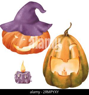 Composition de bougie avec une flamme vive, citrouille orange pour Halloween en sorcière violette. Drôle de visage léger. illustration aquarelle pour impression Banque D'Images