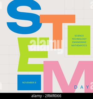 Illustration de la journée colorée des STEM, novembre 8, science, technologie, ingénierie, texte mathématique Banque D'Images