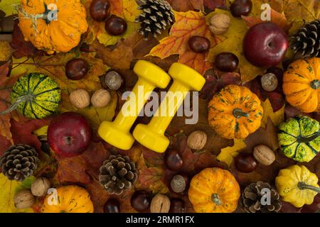 Haltères de gym, diverses citrouilles, courges et gourdes, pommes, cônes, noix, châtaignes sur les feuilles d'automne. Composition de mise en forme à plat pour l'entraînement physique. Banque D'Images