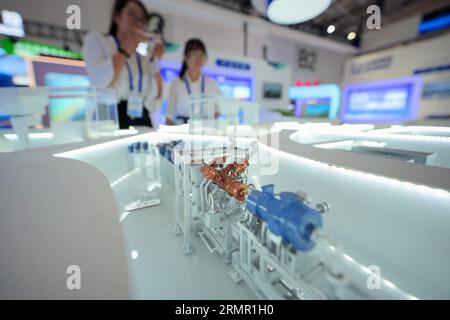 YANTAI, CHINE - 29 AOÛT 2023 - les visiteurs regardent un modèle d'accélérateur de particules médicales à l'édition 2023 du Green, Low-carbon and High Quality Development Con Banque D'Images