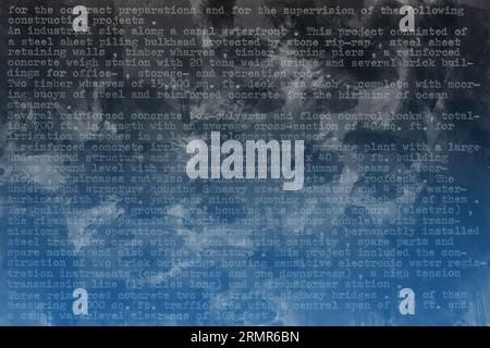 Dark blue background with text, once written on an old typewriter. It is part of a resume of a civil engineer who has worked in the sixties in South A Banque D'Images