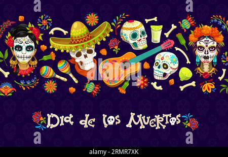 Dia de Los Muertos bannière mexicaine de vacances. Day of the Dead Sugar Skulls personnages vectoriels, guitare et maracas. Dessin animé Catrina Calavera et mariachi s Illustration de Vecteur