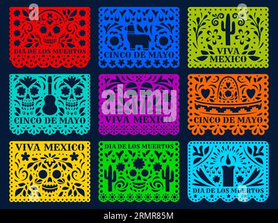 Drapeaux de vacances mexicains découpés en papier. Cinco de mayo, dia de los muertos, viva Mexico papel picado modèles de découpe laser vectorielle isolés. Déco traditionnelle Illustration de Vecteur