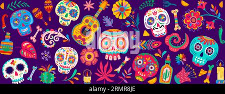 Dia de Los Muertos vacances mexicaines. Bannière Day of the Dead. Fond vectoriel avec motif Mexique de crânes de sucre calavera, guitare, maracas et tequil Illustration de Vecteur