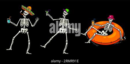 Squelettes d'Halloween relaxant et buvant des cocktails, personnages vectoriels de dessin animé drôles. Squelettes de vacances d'Halloween dansant avec des boissons dans le chapeau sombrero ou se détendre en été nageant dans l'anneau d'eau Illustration de Vecteur
