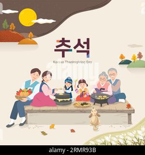 Scène coréenne de Thanksgiving, grande famille portant hanbok cuisinant des plats traditionnels de vacances. Thanksgiving, traduction coréenne. Illustration de Vecteur