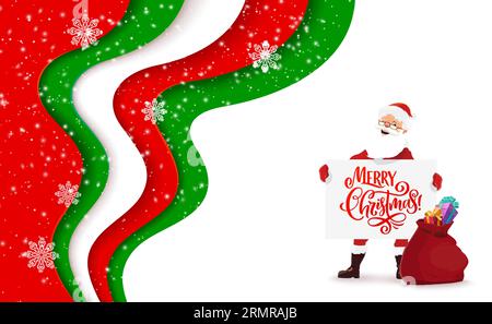 Cartoon Santa avec bannière dans les mains. Carte de voeux découpée en papier de Noël avec vagues. Vecteur drôle Père Noel avec des cadeaux dans le sac tenant l'écriteau de Noël avec des salutations festives, des flocons de neige et un cadre ondulé 3D. Illustration de Vecteur