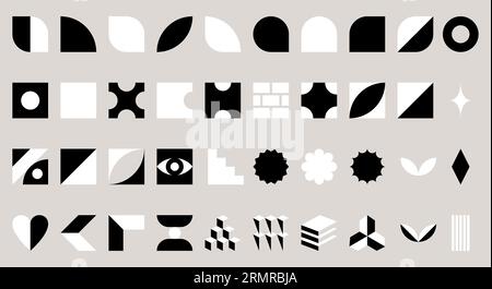 Formes géométriques simples inspirées du minimalisme suisse, du Bauhaus, du Brutalisme, du rétrofuturisme. Ensemble d'éléments de conception abstraits. Vecteur noir et blanc isolé Illustration de Vecteur