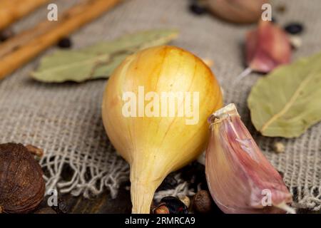 Bulbe d'oignon et autres épices sur la table tout en cuisinant des plats dans la cuisine de l'Europe de l'est, un mélange d'épices et de têtes d'oignon sur la table Banque D'Images