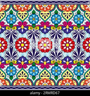 Poterie mexicaine Talavera ou céramique inspirée vecteur modèle sans couture, design d'art folklorique décoratif unqiue du Mexique Illustration de Vecteur